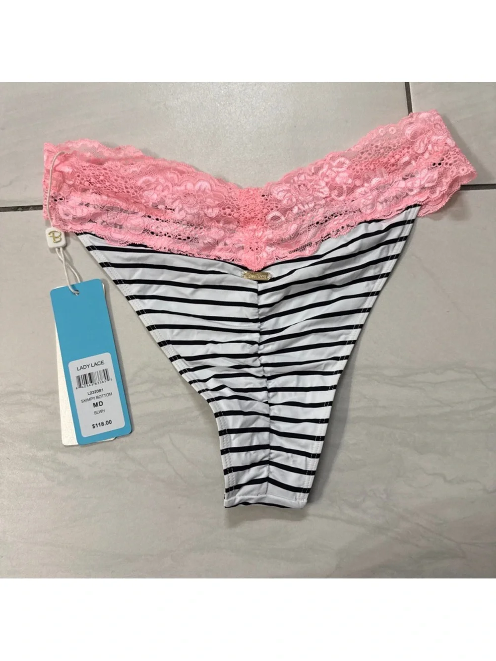 Beach Bunny Pink Lace Trim Striped Bikini Bottom